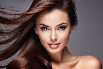 Beautiful woman with chocolate hair fly up from the wind. Pretty woman with make up and clean skin and long curly shiny brown hair. Close-up portrait on gray background