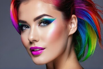 Beautiful woman with rainbow hairs fly up from the wind. Pretty woman with make up, clean skin and long curly shiny colorful hair. Close-up portrait on gray background