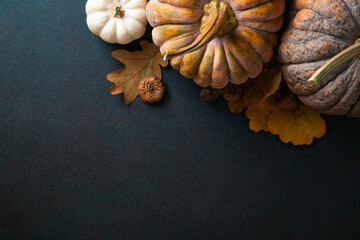 Wall Mural - Thanksgiving greetings card. Autumn composition pumpkins, autumn leaves, acorns on dark background. Happy Thanksgiving, Halloween concept. Top view