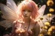 close up portrait of cute girl wearing fairy dress in flower blossom grass field, Generative Ai	
