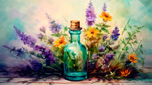 Tincture Of Herbs And Flowers In A Bottle. Generative AI.