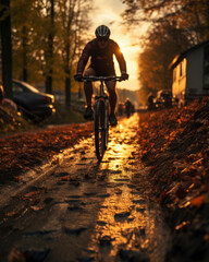 Outdoor activity, local travel , bicycle trekking on nature , sport and trip concept. man in helmet on bicycle rides on wild road in forest