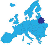 Fototapeta  - Dark blue CMYK national map of BELARUS inside simplified blue blank political map of European continent on transparent background using Peters projection