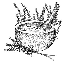 Mortar and pestle with Lavender Flowers. Hand drawn vector illustration for alternative medicine or essential oil production on white isolated background. Line art vintage drawing for aromatherapy