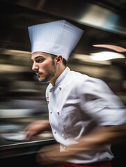 Wall Mural - Chef’s toque blanche hat, professional kitchen environment, action shot of the chef in motion, blurred background