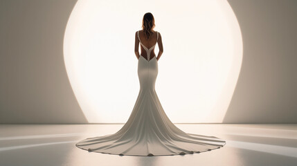 Wall Mural - Modern mermaid silhouette bridal gown, sleeveless, plunging neckline, set against a minimalist white studio background, spotlight on the dress, monochrome color palette