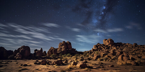 Wall Mural - deserted desert park, intricate rock formations, cacti, the Milky Way in the night sky, long exposure