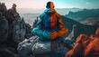 Cinamatic photography of munk sitting squat meditating on a mountain top rocks levitating above him dark and gritty bluegreen and complimentary redorange hues rule of thirdsGolden ratio detailed 8k 