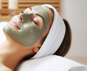 Young woman lying in a spa salon with betonite clay mask on her face. Skin body care relaxation self-care concept