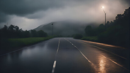 Wall Mural - Road in the fog in the mountains in the evening. Long exposure