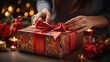 A close-up of hands unwrapping a beautifully wrapped gift box with a red bow, representing the tradition of gift-giving on Boxing Day