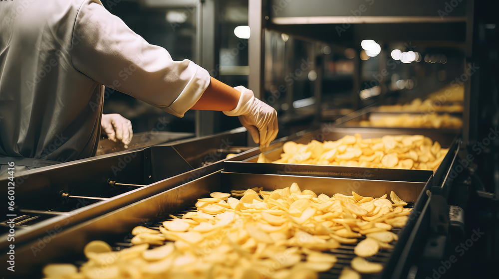 Conroll Chips Conveyor line for the production of potato chips. The worker performs ...