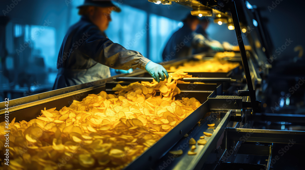 Conroll Chips Conveyor line for the production of potato chips. The worker performs ...
