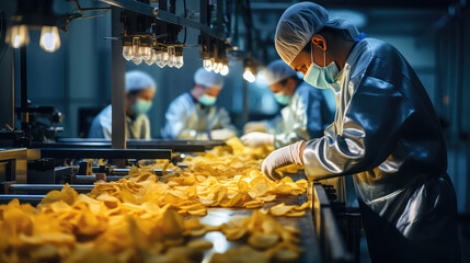 Conveyor line for the production of potato chips. The worker performs quality control to produce tasty chips. 