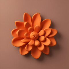 Wall Mural - Orange paper flower on brown background. 3d render illustration. Minimal concept