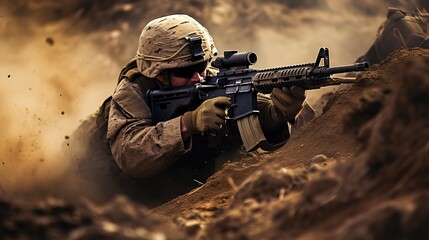 Sniper shooter in the desert. A military man aims at the enemy during an operation.