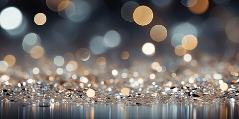 Festive abstract bokeh background, shiny sparkles with bright glowing lights in dark