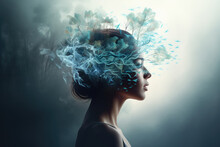 Concept Of Mental Health. Portrait Of A Girl In Profile With An Abstract Mental Explosion In Her Head.