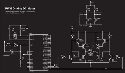 Vector electrical schematic diagram. 
This design demonstrates the use of a microcontroller
to control a DC motor using PWM.