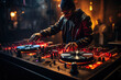 © Sebastian - A DJ's hands skillfully manipulating vinyl records on turntables during a live performance. Concept of live DJ mixing. Generative Ai.