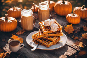 still life of a cup of hot latte and waffers and pumpkins on an old wooden table against the background of beautiful autumn nature at sunset, decoration for Halloween