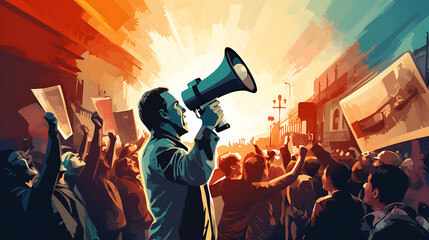 Wall Mural - People on strike protesting with megaphone 