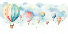Watercolor Style Illustration Of Hot Air Balloons Float In Sky, Generative Ai