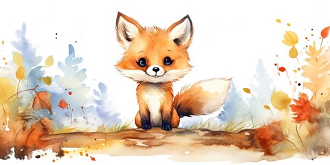 Canvas Print - watercolor style cartoon illustration of red fox in autumn field , isolated on white background, Generative Ai