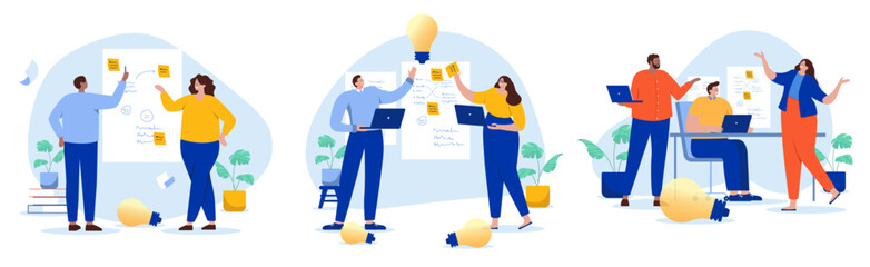 Fototapete - Business idea and innovation work - People in workshop working with sticky notes and solving problems in workshop and meeting. Flat design cartoon vector illustration with white background
