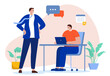 © Knut - Conversation with manager - Boss and employee having a talk and discussion at workers desk. Flat design vector illustration with white background