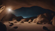 3D illustration of a cave in the desert with a full moon