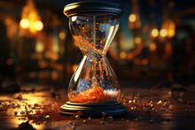 A Broken Hourglass Releasing Its Last Grains Of Sand, Illustrating The Finality Of Moments And The End Of Time. Concept Of Impermanence. Generative Ai.