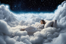 Woman Sleep Floating On A Bed In A Dreamy Cloud-filled Sky.