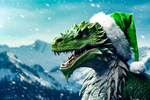 Close Up Of Dragon Wearing Santa Claus Hat In The Snow.