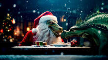 Christmas Scene With Dragon And Man In Santa Claus Hat.