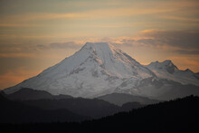 Image Of Mt. Baker In The Cascade Range Mountains, WA, USA. Sunset On Mount Baker Creating A Beautiful Alpenglow