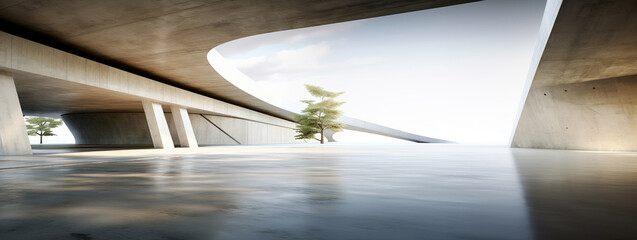 Empty abstract architecture building in minimal concrete design with open space floor courtyard white podium and curved walls museum plaza as wide display showroom mockup environment background