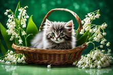 Little Gray Fluffy Kitten Lying In A Wicker Basket Full Of Lily Of The Valley Flowers On Green Grass 