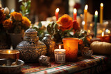 Fototapeta Tulipany - A Las Posadas-themed altar at a Mexican home, adorned with candles, papel picado, and a nativity scene. Generative Ai.