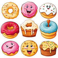 cartoon clipart of Cartoon food items celebrating (e.g., smiling donuts), birthday clipart, celebration clipart, transparent background, isolated on transparent background