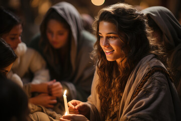 A Las Posadas reenactment at a local church, with parishioners portraying biblical characters in a live nativity scene. Generative Ai.