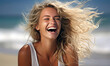 young woman smiling and laughing on sunny beach. smiling woman with curly hair on beach
