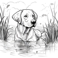 Wall Mural - Labrador Retriever in the water. Black and white vector illustration.