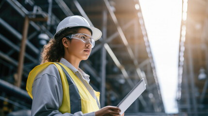 Poster - Female engineer checking work in factory with digital tablet.