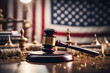 A judge's gavel on a table in front of an American flag