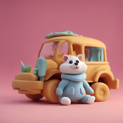 Wall Mural - Teddy bear in a yellow car on a pink background. 3d rendering