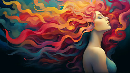 Wall Mural - An illustration of a woman flying in the air, colorful hair