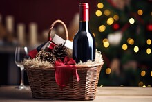 Christmas Basket With Bottle Of Wine
