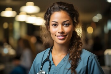 A healthcare worker in a busy hospital, exemplifying dedication and compassion while tending to patients