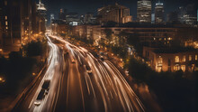 Traffic In The City At Night. Long Exposure. Concept Of Rapid Rhythm Of A Modern City.